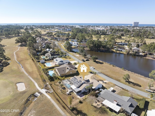 bird's eye view with a water view