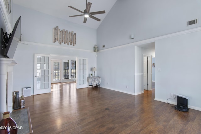 living room with high vaulted ceiling, french doors, dark hardwood / wood-style flooring, and ceiling fan