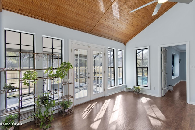 entryway featuring dark wood-type flooring, wood ceiling, french doors, and ceiling fan