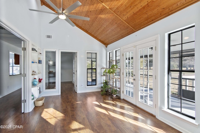 interior space featuring lofted ceiling, ceiling fan, wood ceiling, and french doors