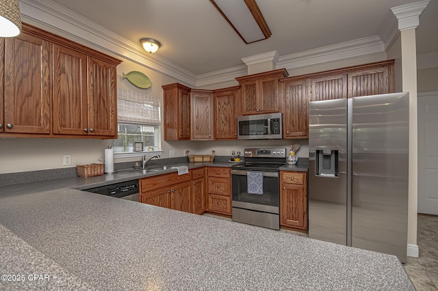 kitchen with sink, appliances with stainless steel finishes, and ornamental molding