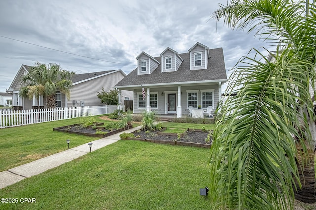 cape cod-style house featuring covered porch and a front lawn