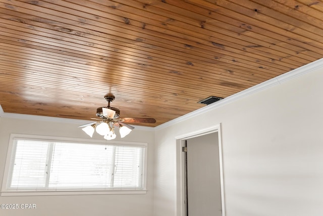 interior details with wooden ceiling, ceiling fan, and ornamental molding