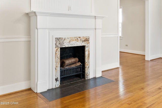 interior details featuring a fireplace and wood-type flooring