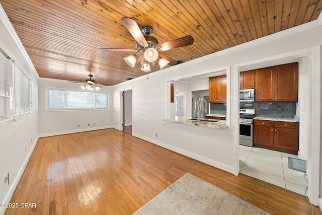 unfurnished living room with sink, light hardwood / wood-style flooring, wooden ceiling, and crown molding