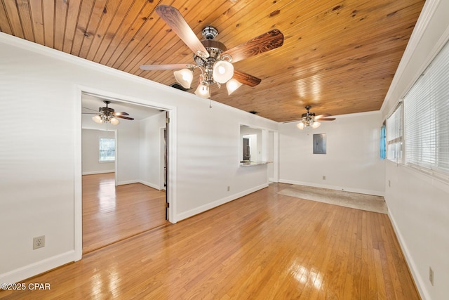 spare room featuring light hardwood / wood-style floors, wooden ceiling, and crown molding