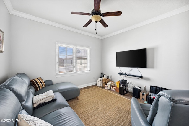 living room featuring light hardwood / wood-style flooring, ornamental molding, and ceiling fan