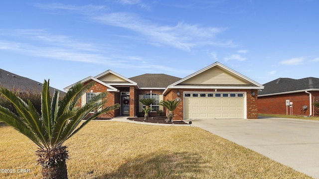 ranch-style house with a garage and a front lawn