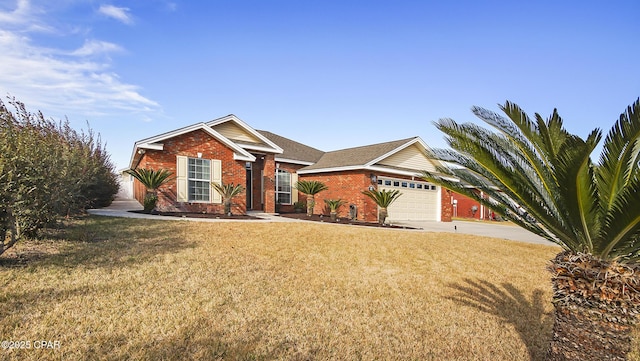 ranch-style house with a garage and a front lawn