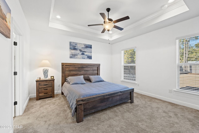 bedroom featuring a raised ceiling, light colored carpet, and multiple windows