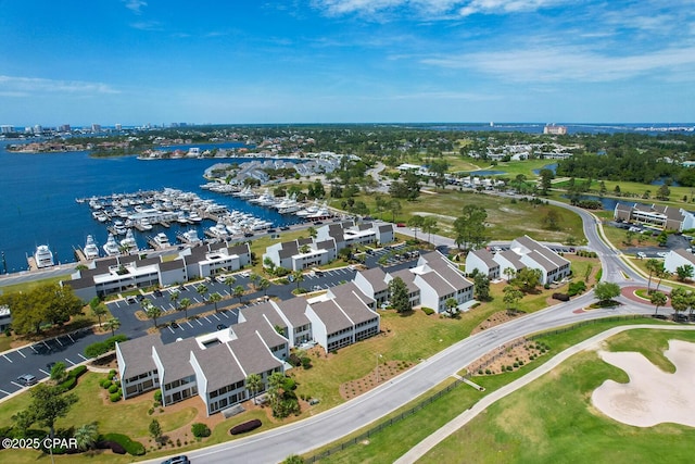 bird's eye view with a water view