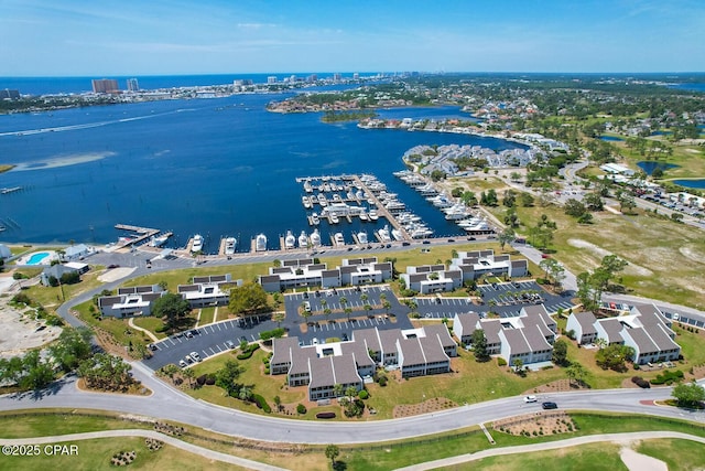 drone / aerial view featuring a water view