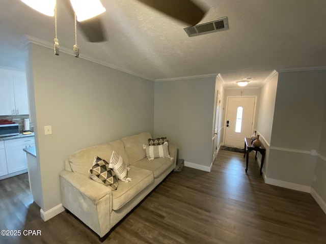 living room with crown molding, dark hardwood / wood-style floors, and a textured ceiling