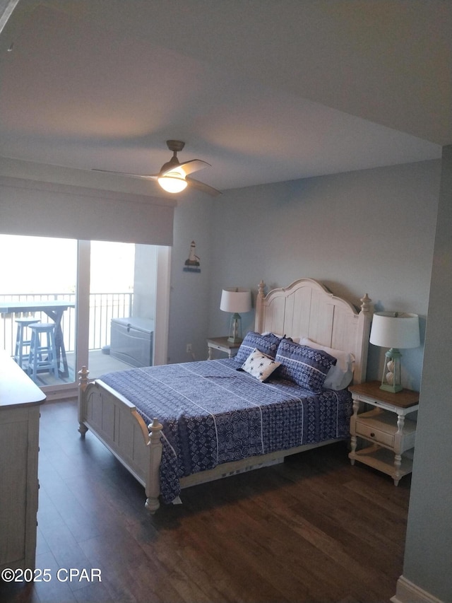 bedroom with access to outside, dark wood-type flooring, and a ceiling fan