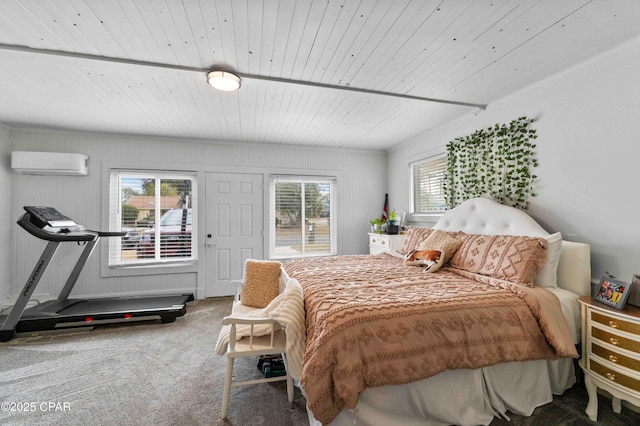 bedroom with carpet flooring, a wall mounted air conditioner, access to exterior, and wood ceiling