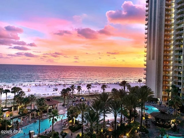 property view of water featuring a beach view