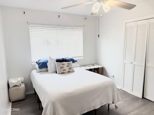 bedroom featuring a closet, ceiling fan, and light wood-type flooring