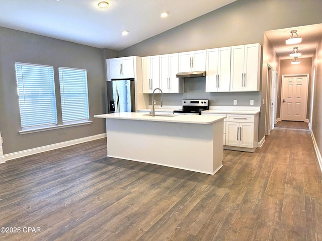 kitchen with sink, a center island with sink, white cabinets, and appliances with stainless steel finishes