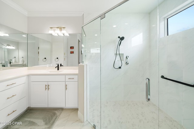 bathroom featuring vanity, an enclosed shower, and ornamental molding