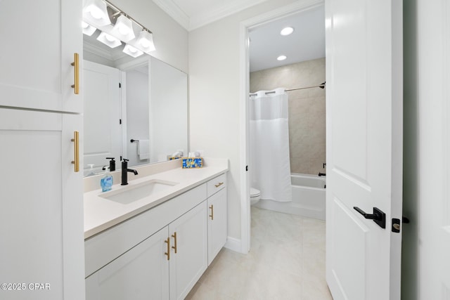 full bathroom with toilet, crown molding, vanity, shower / bath combo with shower curtain, and tile patterned flooring