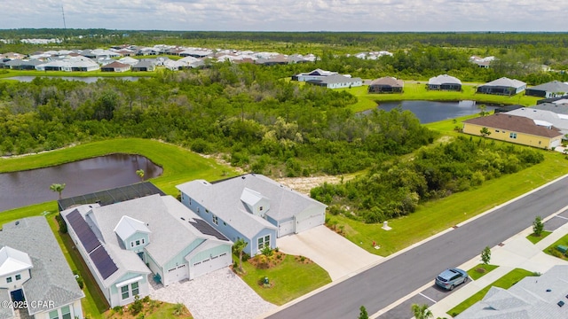 drone / aerial view featuring a water view