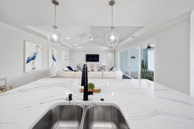 room details featuring a raised ceiling, ornamental molding, sink, and pendant lighting