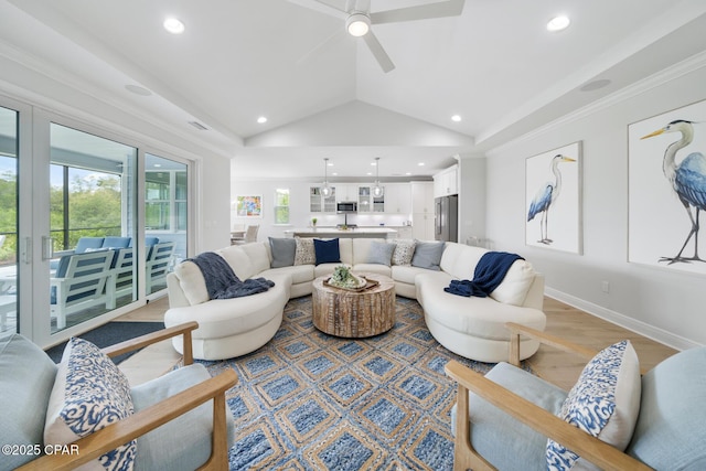 living room with light hardwood / wood-style flooring, vaulted ceiling, and ceiling fan