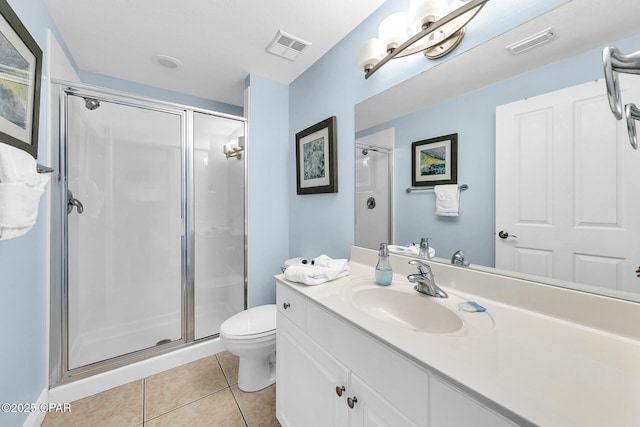 bathroom with vanity, a shower with shower door, toilet, and tile patterned flooring