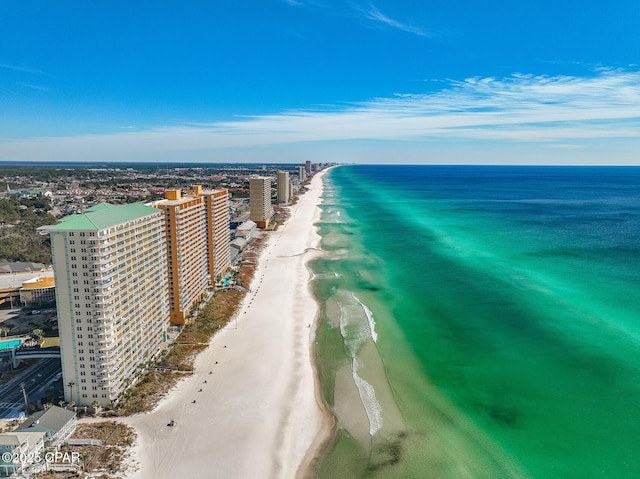 drone / aerial view with a water view and a view of the beach