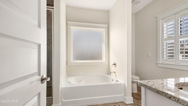 bathroom with vanity, a tub to relax in, and toilet