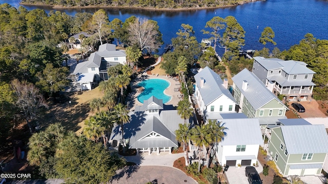 drone / aerial view with a water view