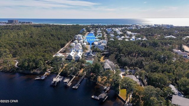 drone / aerial view with a water view