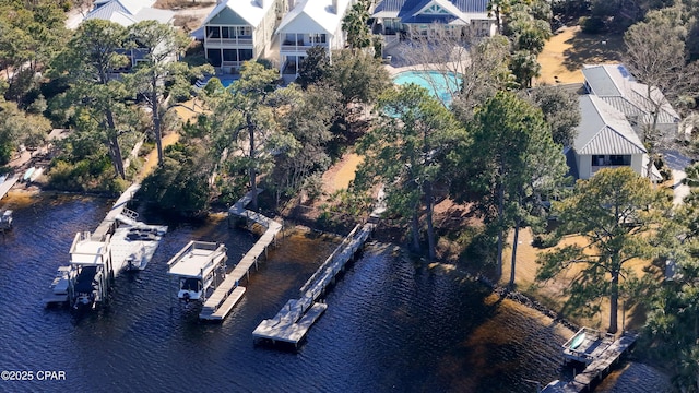 birds eye view of property featuring a water view