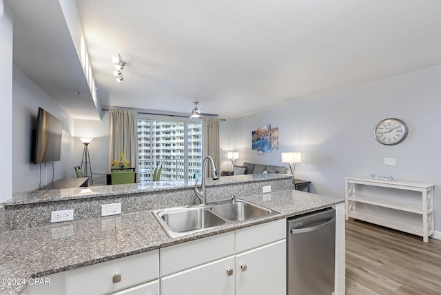 kitchen featuring light wood finished floors, a sink, open floor plan, white cabinetry, and stainless steel dishwasher