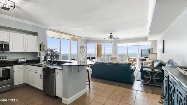 kitchen featuring white cabinetry, appliances with stainless steel finishes, dark tile patterned flooring, and kitchen peninsula