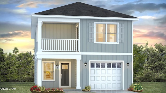 view of front facade with driveway, a shingled roof, an attached garage, and a balcony