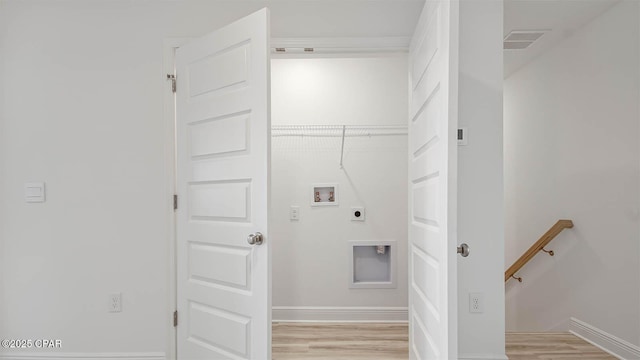 clothes washing area with light wood-style flooring, hookup for an electric dryer, laundry area, washer hookup, and visible vents