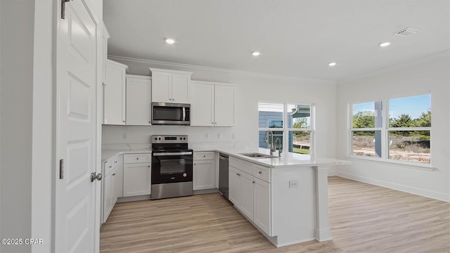 kitchen featuring a peninsula, appliances with stainless steel finishes, a sink, and ornamental molding