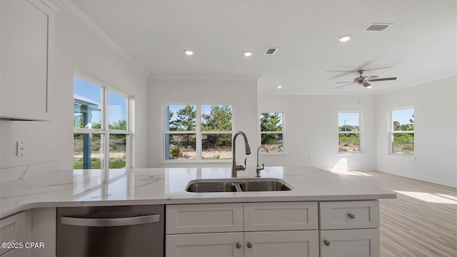 kitchen featuring a sink, visible vents, stainless steel dishwasher, and ornamental molding