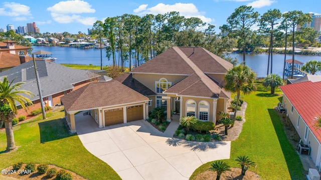 drone / aerial view featuring a water view