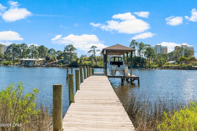 view of dock with a water view