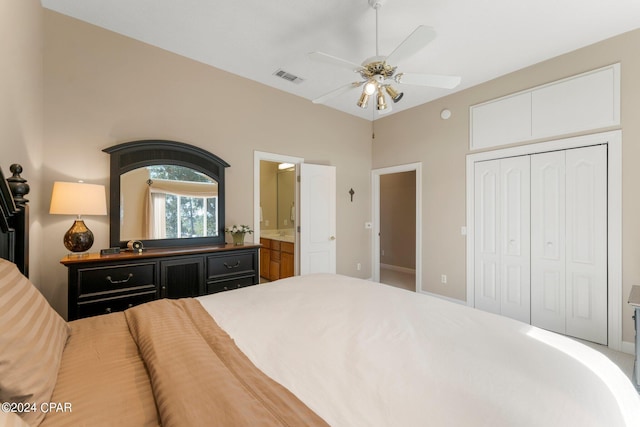 bedroom with ceiling fan, connected bathroom, and a closet