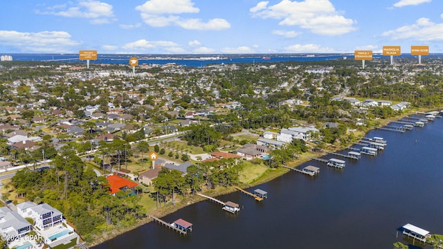 drone / aerial view featuring a water view