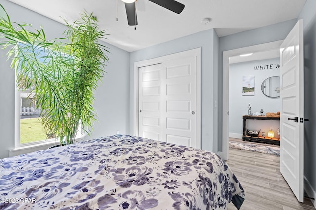 bedroom with ceiling fan, light wood-type flooring, and a closet