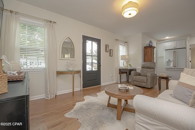 living room featuring a wealth of natural light and light hardwood / wood-style flooring