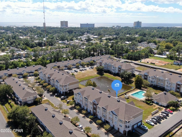 bird's eye view with a water view