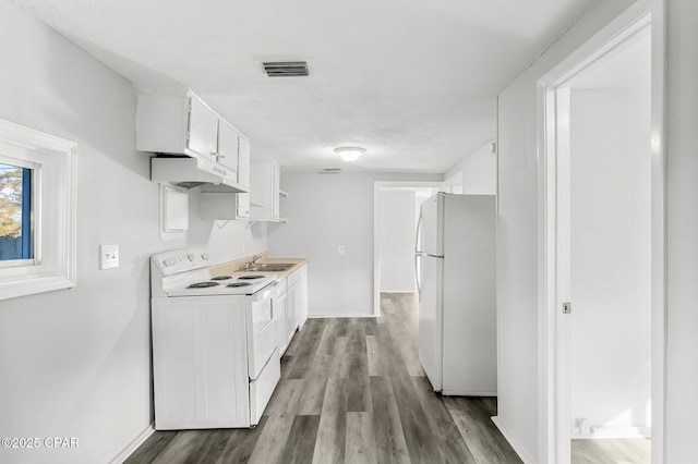 1905 W 17th St, Panama City, FL 32405 - kitchen featuring white appliances, visible vents, under cabinet range hood, a sink, and dark wood-style floors