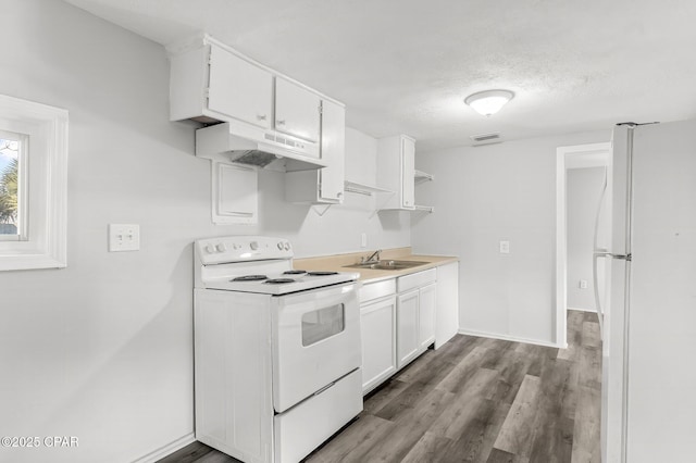 kitchen with hardwood / wood-style floors, white cabinetry, sink, white appliances, and a textured ceiling