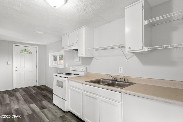 kitchen with white electric range, sink, a textured ceiling, dark hardwood / wood-style floors, and white cabinets