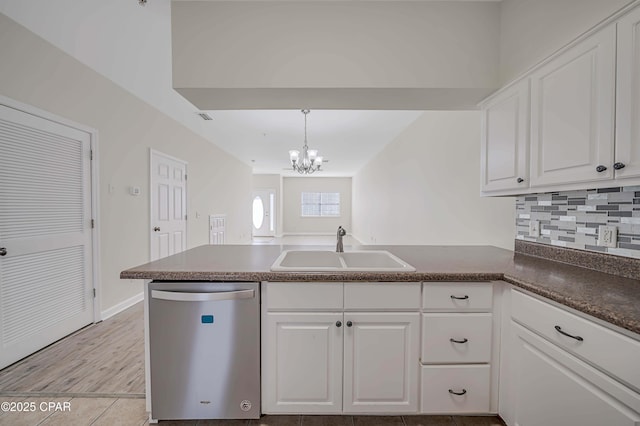 kitchen with sink, hanging light fixtures, tasteful backsplash, white cabinets, and stainless steel dishwasher